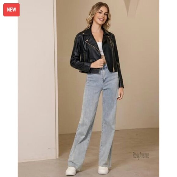 Faux Leather Cropped Moto Jacket Slim Fit Zip Up Biker Coat - Picture 4 of 8